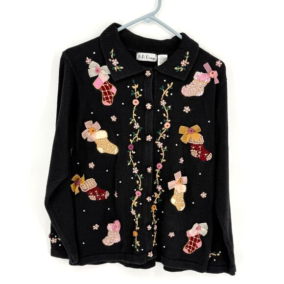 Holiday-Themed B.P. Design Embroidered Cardigan Sweater M - Cotton/Acrylic Blend - Picture 1 of 7